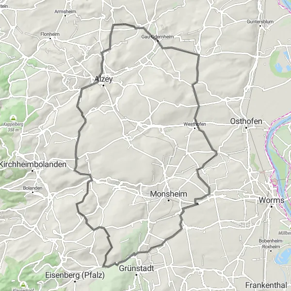 Map miniature of "Rodenbach to Alzey Road Cycling Route" cycling inspiration in Rheinhessen-Pfalz, Germany. Generated by Tarmacs.app cycling route planner