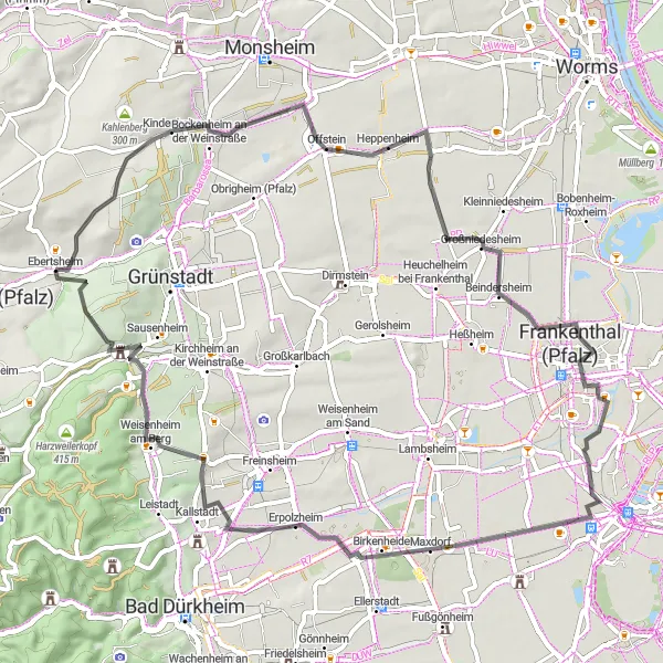 Karten-Miniaturansicht der Radinspiration "Rund um Rodenbach - Ebertsheim bis Neuleiningen" in Rheinhessen-Pfalz, Germany. Erstellt vom Tarmacs.app-Routenplaner für Radtouren