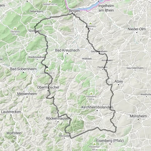 Karten-Miniaturansicht der Radinspiration "Roadtour mit Fernsicht in Rheinhessen" in Rheinhessen-Pfalz, Germany. Erstellt vom Tarmacs.app-Routenplaner für Radtouren
