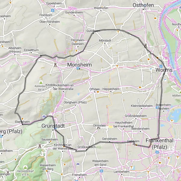 Karten-Miniaturansicht der Radinspiration "Weinstraßen und Historische Städte - Flörsheim-Dalsheim bis Ebertsheim" in Rheinhessen-Pfalz, Germany. Erstellt vom Tarmacs.app-Routenplaner für Radtouren