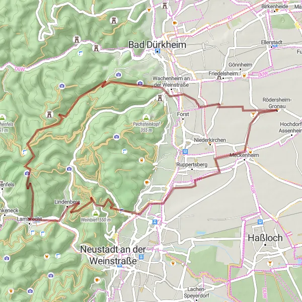 Map miniature of "Through rolling hills and vineyards" cycling inspiration in Rheinhessen-Pfalz, Germany. Generated by Tarmacs.app cycling route planner