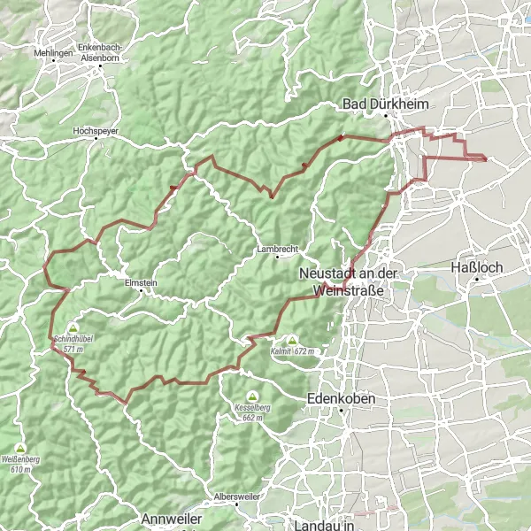 Map miniature of "Mountains and vineyards in Rheinhessen-Pfalz" cycling inspiration in Rheinhessen-Pfalz, Germany. Generated by Tarmacs.app cycling route planner