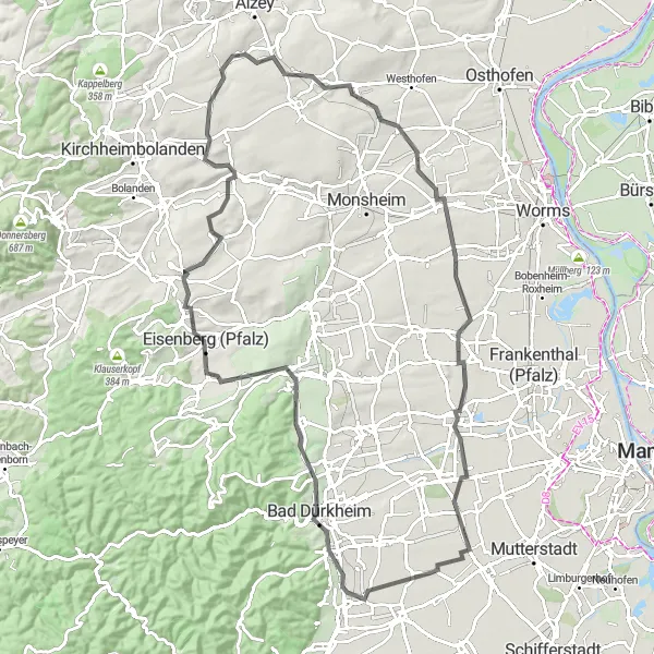 Karten-Miniaturansicht der Radinspiration "Entlang der Weinstraße" in Rheinhessen-Pfalz, Germany. Erstellt vom Tarmacs.app-Routenplaner für Radtouren