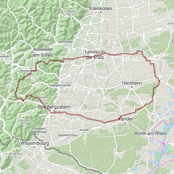 Karten-Miniaturansicht der Radinspiration "Graveltour Südpfalz" in Rheinhessen-Pfalz, Germany. Erstellt vom Tarmacs.app-Routenplaner für Radtouren