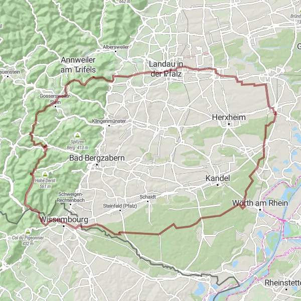 Map miniature of "Ultimate Gravel Challenge in Rheinhessen-Pfalz" cycling inspiration in Rheinhessen-Pfalz, Germany. Generated by Tarmacs.app cycling route planner