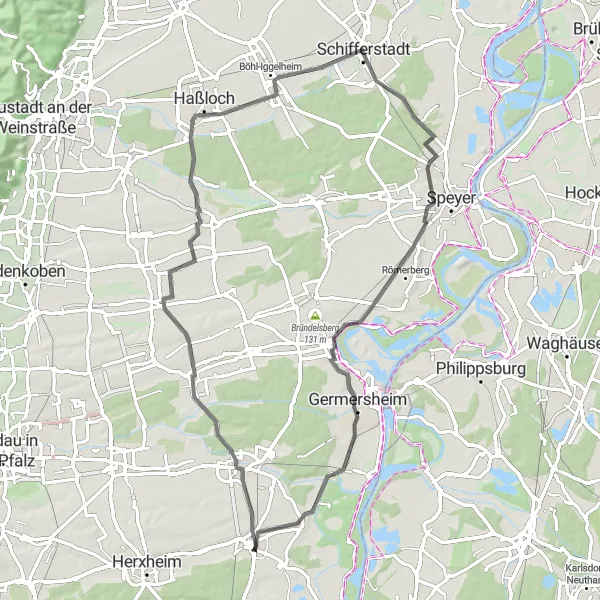 Map miniature of "Scenic Road Tour near Rülzheim" cycling inspiration in Rheinhessen-Pfalz, Germany. Generated by Tarmacs.app cycling route planner