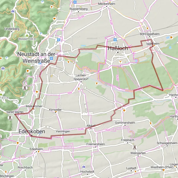 Map miniature of "Rugged Gravel Adventure" cycling inspiration in Rheinhessen-Pfalz, Germany. Generated by Tarmacs.app cycling route planner