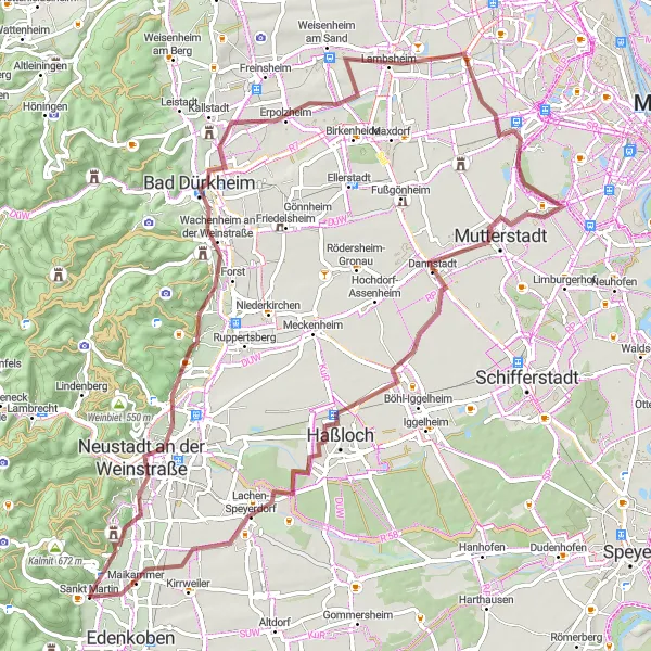 Map miniature of "Gravel Route through Rheinhessen-Pfalz" cycling inspiration in Rheinhessen-Pfalz, Germany. Generated by Tarmacs.app cycling route planner