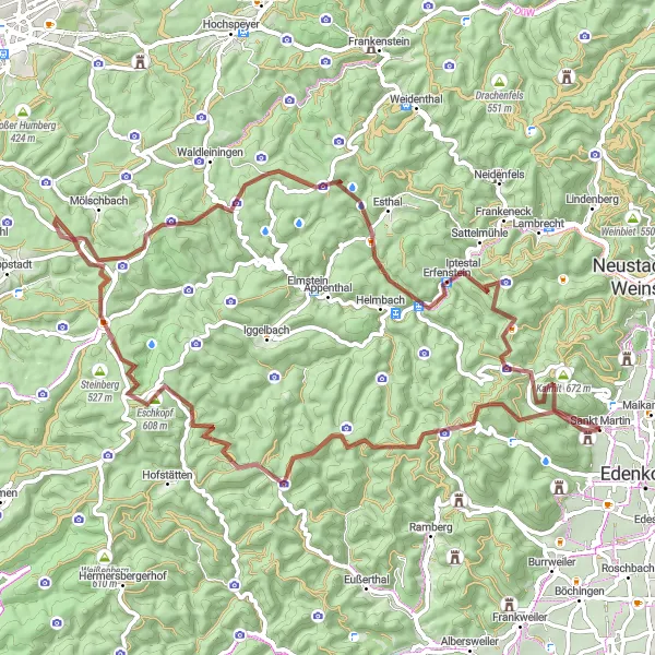Map miniature of "Challenging Gravel Loop from Sankt Martin" cycling inspiration in Rheinhessen-Pfalz, Germany. Generated by Tarmacs.app cycling route planner