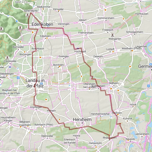 Map miniature of "Scenic Gravel Circuit through Rheinzabern" cycling inspiration in Rheinhessen-Pfalz, Germany. Generated by Tarmacs.app cycling route planner