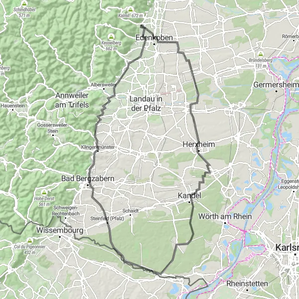 Karten-Miniaturansicht der Radinspiration "Road-Tour entlang der Deutschen Weinstraße" in Rheinhessen-Pfalz, Germany. Erstellt vom Tarmacs.app-Routenplaner für Radtouren
