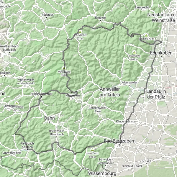 Map miniature of "Southern Rheinhessen-Pfalz Loop" cycling inspiration in Rheinhessen-Pfalz, Germany. Generated by Tarmacs.app cycling route planner