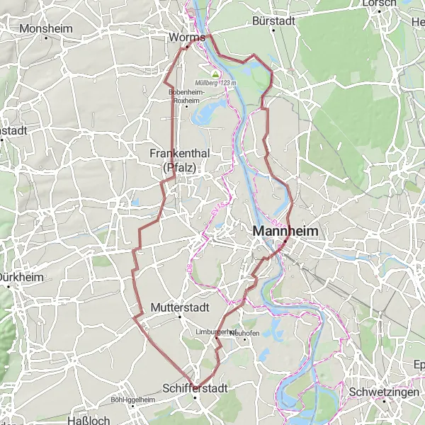 Karten-Miniaturansicht der Radinspiration "Gravel-Tour durch Mannheim und Worms" in Rheinhessen-Pfalz, Germany. Erstellt vom Tarmacs.app-Routenplaner für Radtouren