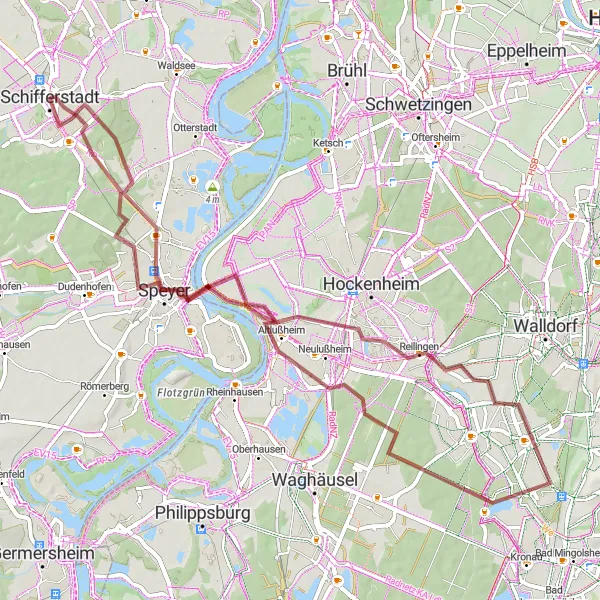 Map miniature of "Schifferstadt Gravel Scenic Route" cycling inspiration in Rheinhessen-Pfalz, Germany. Generated by Tarmacs.app cycling route planner
