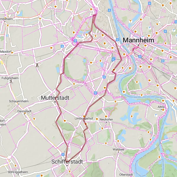 Karten-Miniaturansicht der Radinspiration "Kurze Schotterrunde durch die Region" in Rheinhessen-Pfalz, Germany. Erstellt vom Tarmacs.app-Routenplaner für Radtouren