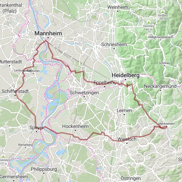 Map miniature of "Gravel Adventure in Rheinhessen-Pfalz" cycling inspiration in Rheinhessen-Pfalz, Germany. Generated by Tarmacs.app cycling route planner