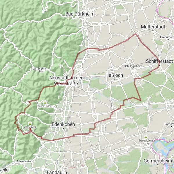 Map miniature of "Schifferstadt Gravel Challenge" cycling inspiration in Rheinhessen-Pfalz, Germany. Generated by Tarmacs.app cycling route planner