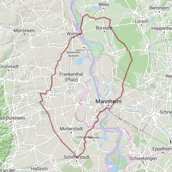 Karten-Miniaturansicht der Radinspiration "Gravel-Radtour um Schifferstadt" in Rheinhessen-Pfalz, Germany. Erstellt vom Tarmacs.app-Routenplaner für Radtouren