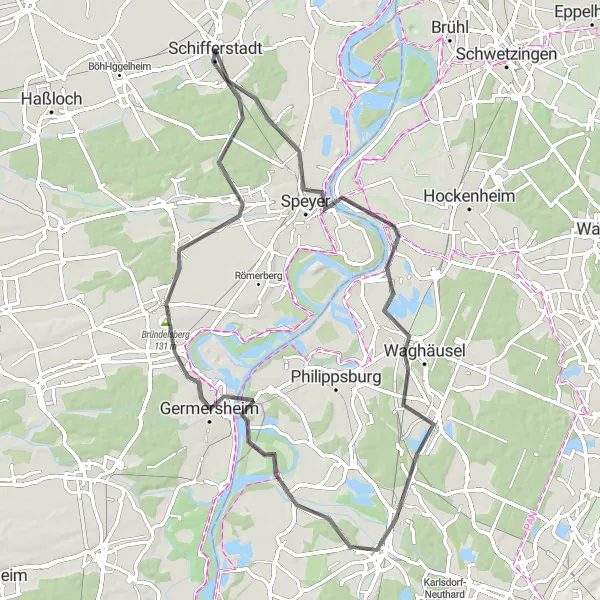Map miniature of "Road Cycling Tour through Rheinhessen-Pfalz" cycling inspiration in Rheinhessen-Pfalz, Germany. Generated by Tarmacs.app cycling route planner