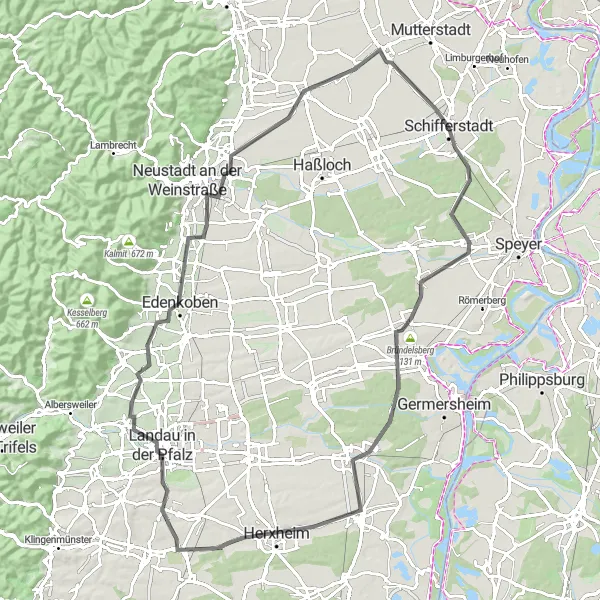 Karten-Miniaturansicht der Radinspiration "Panoramastraßenradtour um Landau" in Rheinhessen-Pfalz, Germany. Erstellt vom Tarmacs.app-Routenplaner für Radtouren