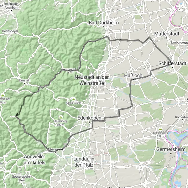 Karten-Miniaturansicht der Radinspiration "Höhen und Täler von Rheinhessen-Pfalz" in Rheinhessen-Pfalz, Germany. Erstellt vom Tarmacs.app-Routenplaner für Radtouren