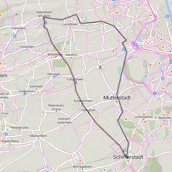 Map miniature of "Leisurely Rheinhessen-Pfalz" cycling inspiration in Rheinhessen-Pfalz, Germany. Generated by Tarmacs.app cycling route planner