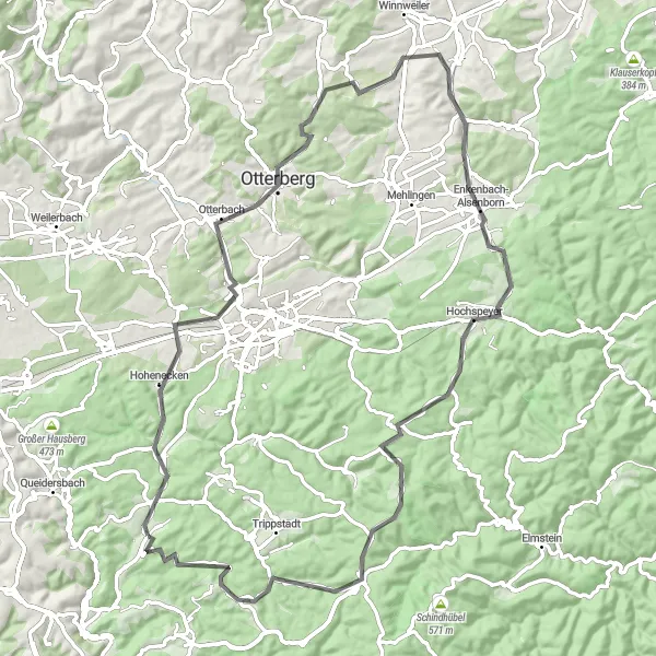 Map miniature of "Schopp Circuit" cycling inspiration in Rheinhessen-Pfalz, Germany. Generated by Tarmacs.app cycling route planner