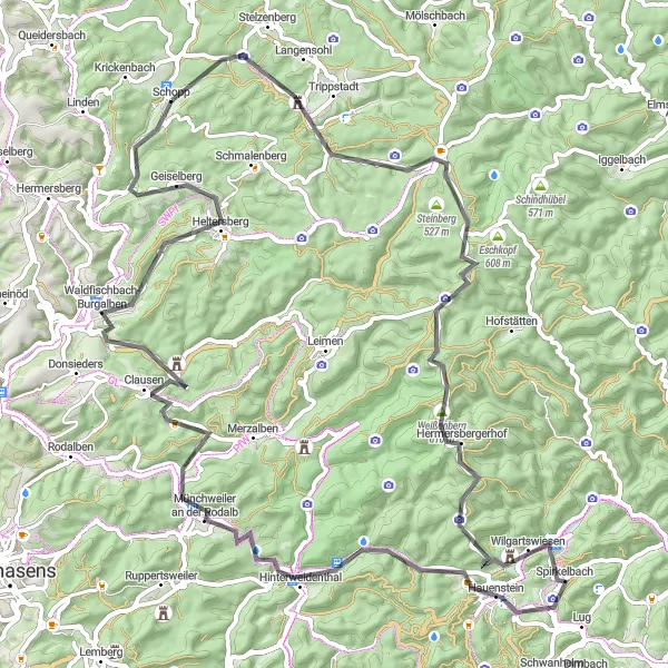 Karten-Miniaturansicht der Radinspiration "Herausforderung am Berg" in Rheinhessen-Pfalz, Germany. Erstellt vom Tarmacs.app-Routenplaner für Radtouren
