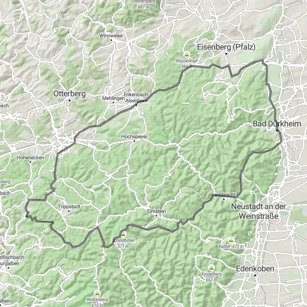 Map miniature of "The Wine Route Adventure" cycling inspiration in Rheinhessen-Pfalz, Germany. Generated by Tarmacs.app cycling route planner