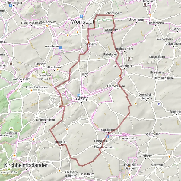 Map miniature of "Gravel Adventure in Rheinhessen and Pfalz" cycling inspiration in Rheinhessen-Pfalz, Germany. Generated by Tarmacs.app cycling route planner