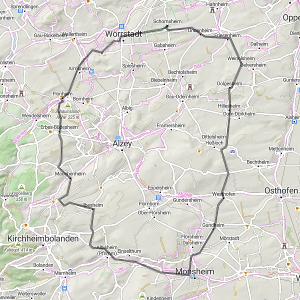 Map miniature of "Rheinhessen-Pfalz Road Cycling Adventure" cycling inspiration in Rheinhessen-Pfalz, Germany. Generated by Tarmacs.app cycling route planner