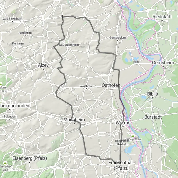 Karten-Miniaturansicht der Radinspiration "Tour de Rheinhessen" in Rheinhessen-Pfalz, Germany. Erstellt vom Tarmacs.app-Routenplaner für Radtouren