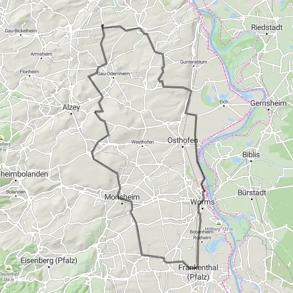 Map miniature of "Wine and Culture Tour" cycling inspiration in Rheinhessen-Pfalz, Germany. Generated by Tarmacs.app cycling route planner