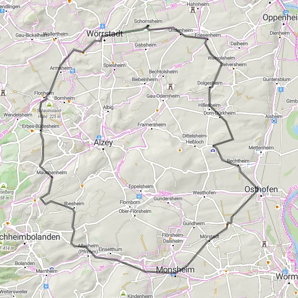 Map miniature of "Rheinhessen-Pfalz Road Cycling Route 3" cycling inspiration in Rheinhessen-Pfalz, Germany. Generated by Tarmacs.app cycling route planner