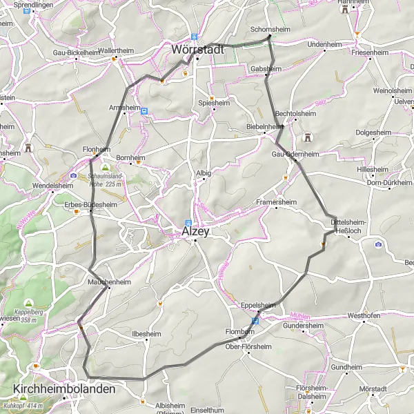 Map miniature of "Rheinhessen-Pfalz Road Cycling Route 1" cycling inspiration in Rheinhessen-Pfalz, Germany. Generated by Tarmacs.app cycling route planner