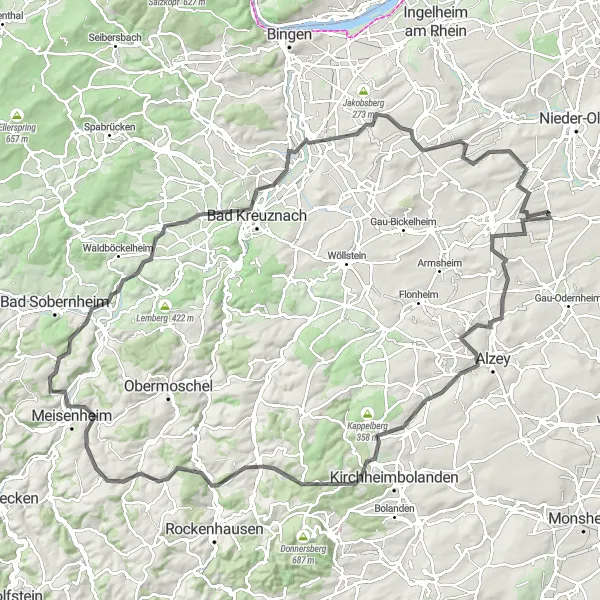 Karten-Miniaturansicht der Radinspiration "Rheinhessen Rundfahrt" in Rheinhessen-Pfalz, Germany. Erstellt vom Tarmacs.app-Routenplaner für Radtouren