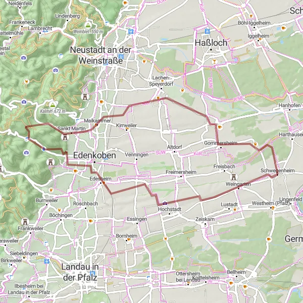 Map miniature of "The Weinstraße Gravel Adventure" cycling inspiration in Rheinhessen-Pfalz, Germany. Generated by Tarmacs.app cycling route planner