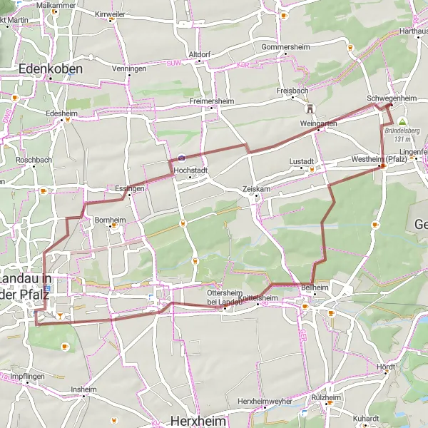 Map miniature of "Historical Gravel Adventure" cycling inspiration in Rheinhessen-Pfalz, Germany. Generated by Tarmacs.app cycling route planner