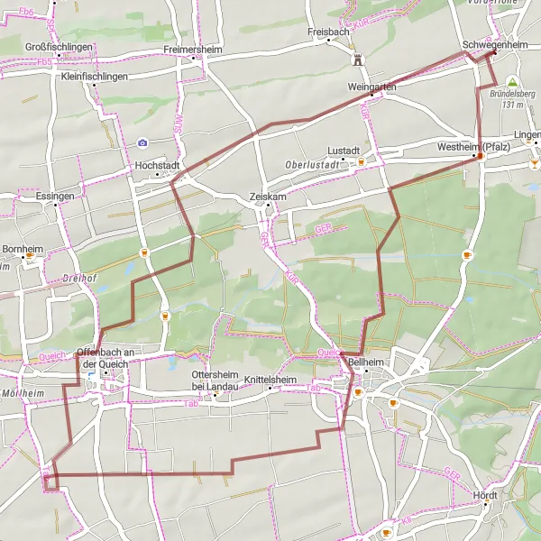 Map miniature of "Rheinhessen-Pfalz Gravel Route" cycling inspiration in Rheinhessen-Pfalz, Germany. Generated by Tarmacs.app cycling route planner