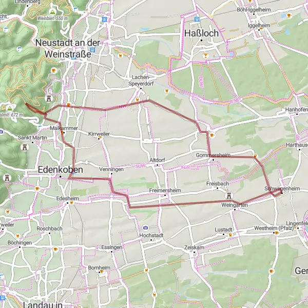 Map miniature of "Gravel Adventure from Schwegenheim to Bründelsberg" cycling inspiration in Rheinhessen-Pfalz, Germany. Generated by Tarmacs.app cycling route planner