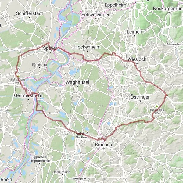 Map miniature of "Challenging Gravel Adventure through Dettenheim and Andreastafel" cycling inspiration in Rheinhessen-Pfalz, Germany. Generated by Tarmacs.app cycling route planner