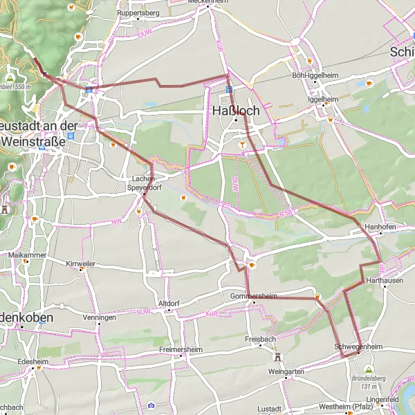 Map miniature of "Countryside Gravel Tour" cycling inspiration in Rheinhessen-Pfalz, Germany. Generated by Tarmacs.app cycling route planner