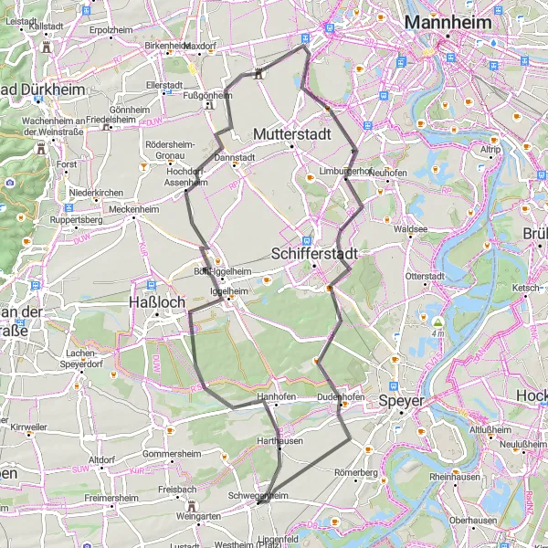 Map miniature of "Scenic Road Cycling Route" cycling inspiration in Rheinhessen-Pfalz, Germany. Generated by Tarmacs.app cycling route planner