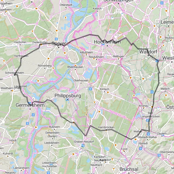 Map miniature of "Rheinhessen-Pfalz Road Adventure" cycling inspiration in Rheinhessen-Pfalz, Germany. Generated by Tarmacs.app cycling route planner