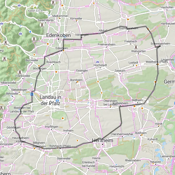 Map miniature of "Scenic Road Cycling Route through Herxheim and Flemlingen" cycling inspiration in Rheinhessen-Pfalz, Germany. Generated by Tarmacs.app cycling route planner