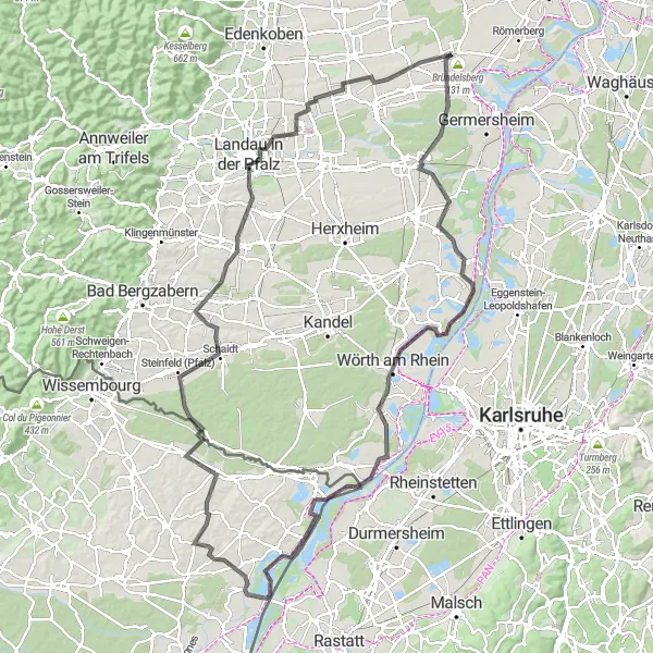 Map miniature of "Cycling Expedition to Wörth am Rhein and Point panoramique du Canton de Seltz" cycling inspiration in Rheinhessen-Pfalz, Germany. Generated by Tarmacs.app cycling route planner