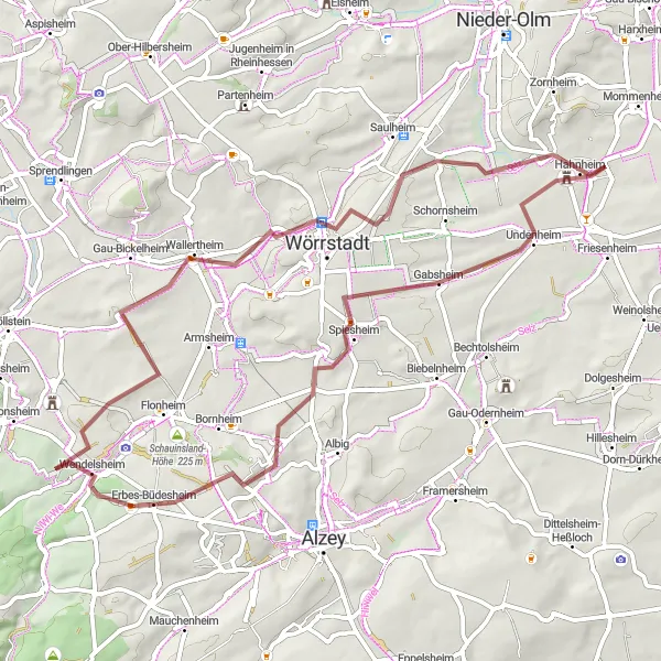 Map miniature of "Rheinhessen Vineyards Explorer" cycling inspiration in Rheinhessen-Pfalz, Germany. Generated by Tarmacs.app cycling route planner