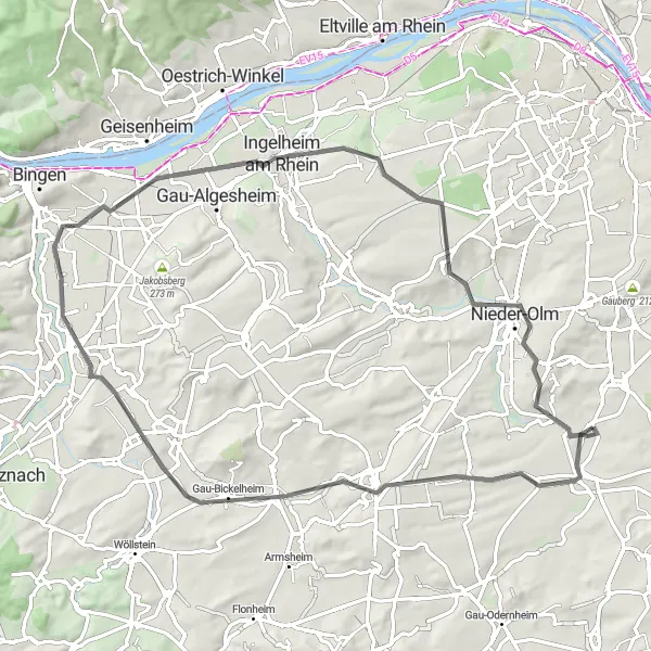 Map miniature of "Rheinhessen Hilltops" cycling inspiration in Rheinhessen-Pfalz, Germany. Generated by Tarmacs.app cycling route planner