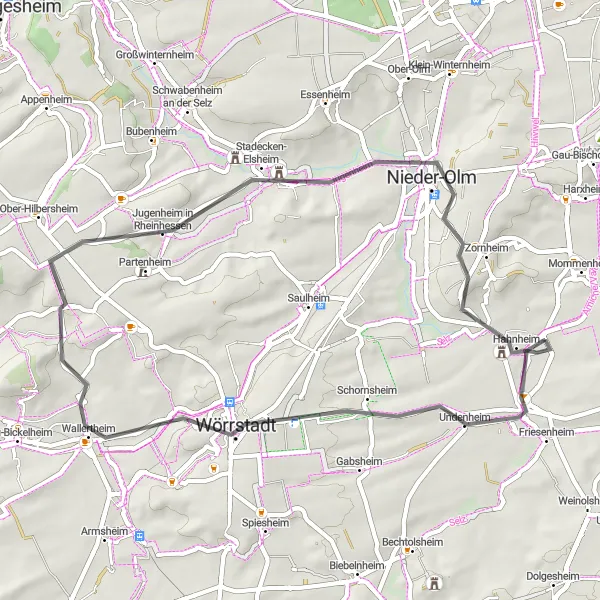 Map miniature of "The Wörrstadt Loop" cycling inspiration in Rheinhessen-Pfalz, Germany. Generated by Tarmacs.app cycling route planner