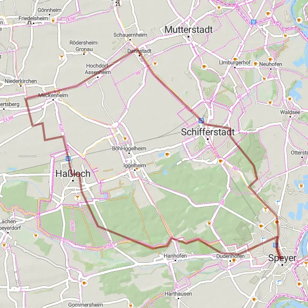 Map miniature of "Haßloch Adventure" cycling inspiration in Rheinhessen-Pfalz, Germany. Generated by Tarmacs.app cycling route planner